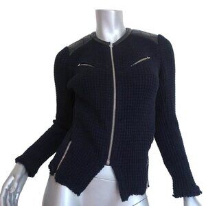 IRO JACKET CEYLONA BLACK LEATHER-TRIM NAVY WAFFLE KNIT